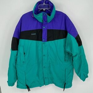 Columbia Men's Vintage Teal Purple Black Radial Sleeve Colorblock Parka Size L